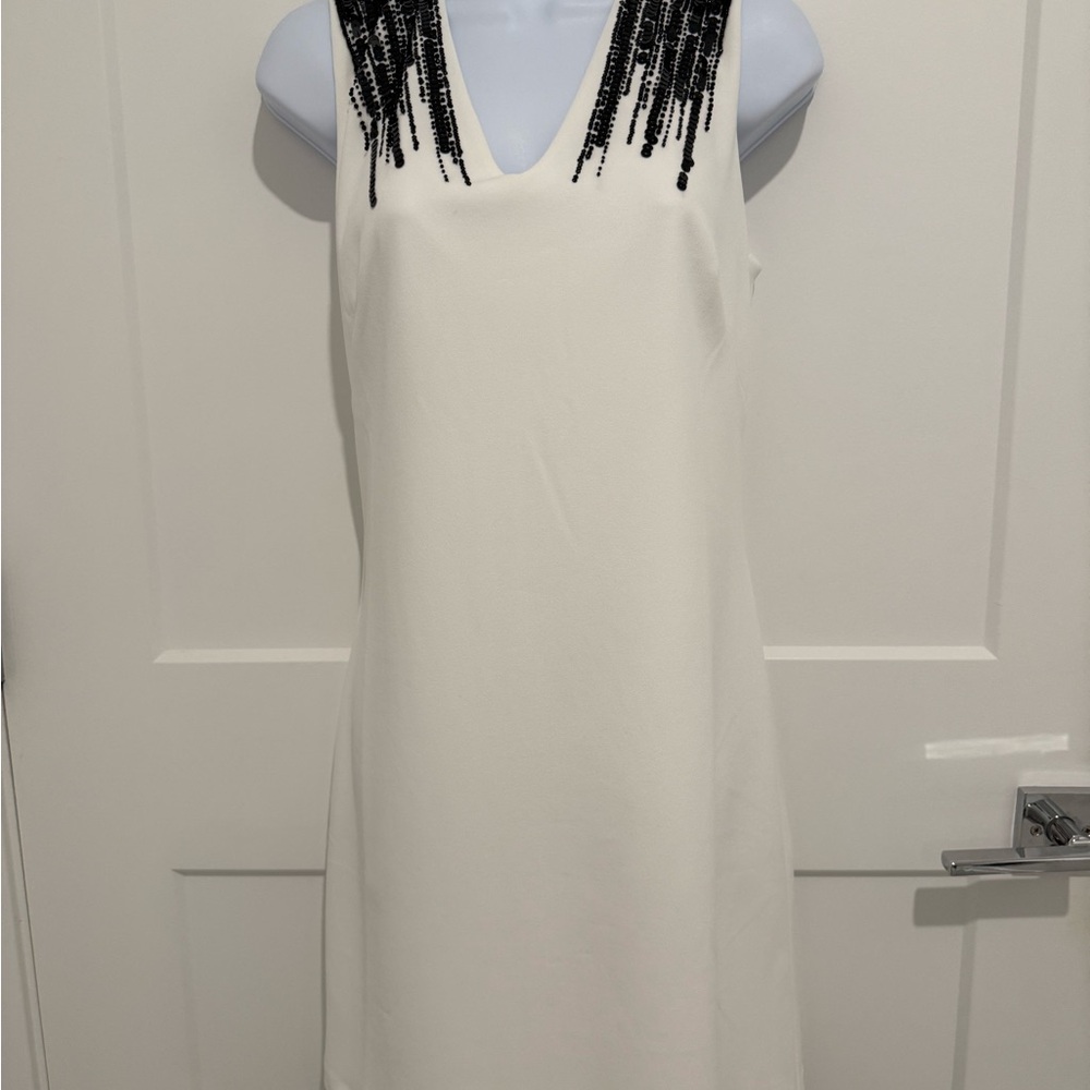 White House Black Market White Sheath Mini Dress With Black Beading